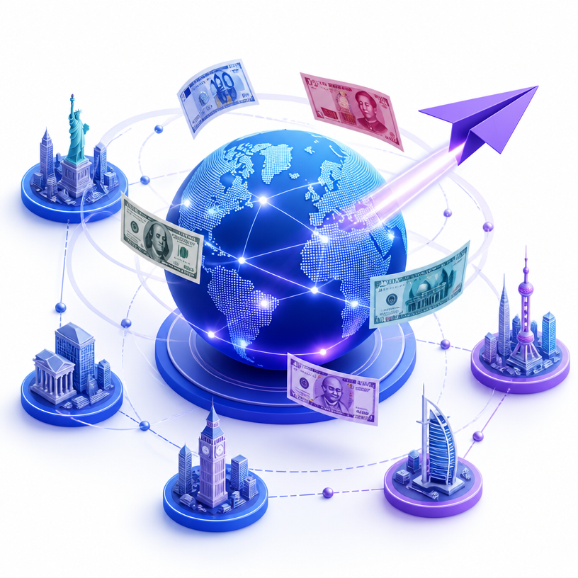 3D isometric financial flow: glowing globe, currency notes orbiting, financial centers and a paper airplane crossing